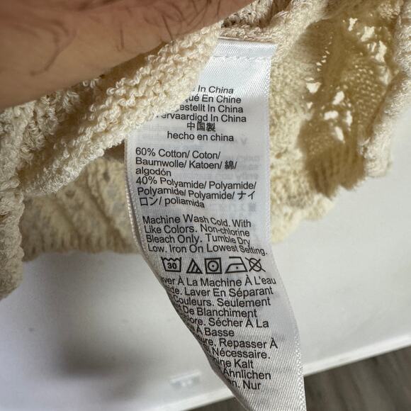 Madewell Scalloped-Trim Sweater Tee Sz 2XS Sand Crewneck Crop Open Knit Pullover - Picture 8 of 9